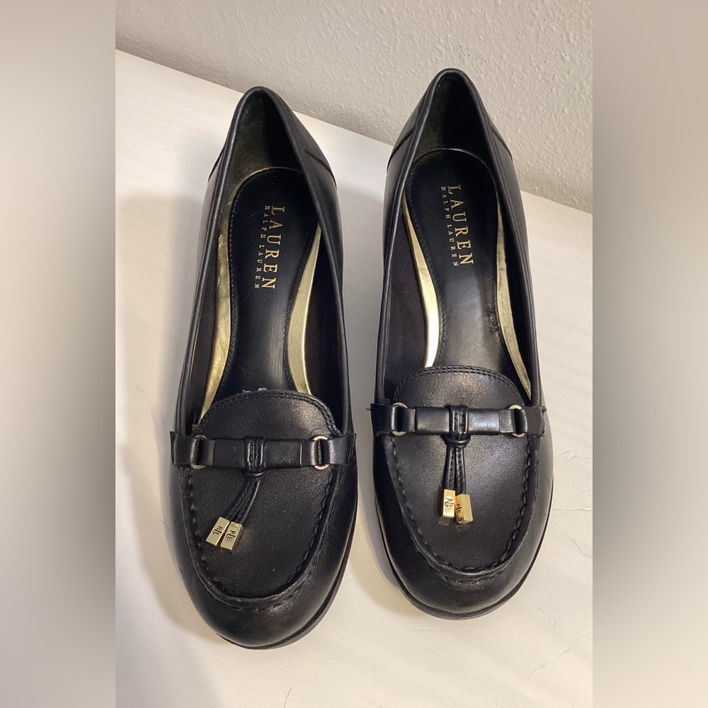Lauren Ralph Lauren Black Leather Loafers with Gold Accents